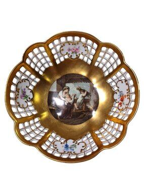 Antique Royal KPM Gold Reticulated Bowl With Pastoral Scene Hand-Painted Floral